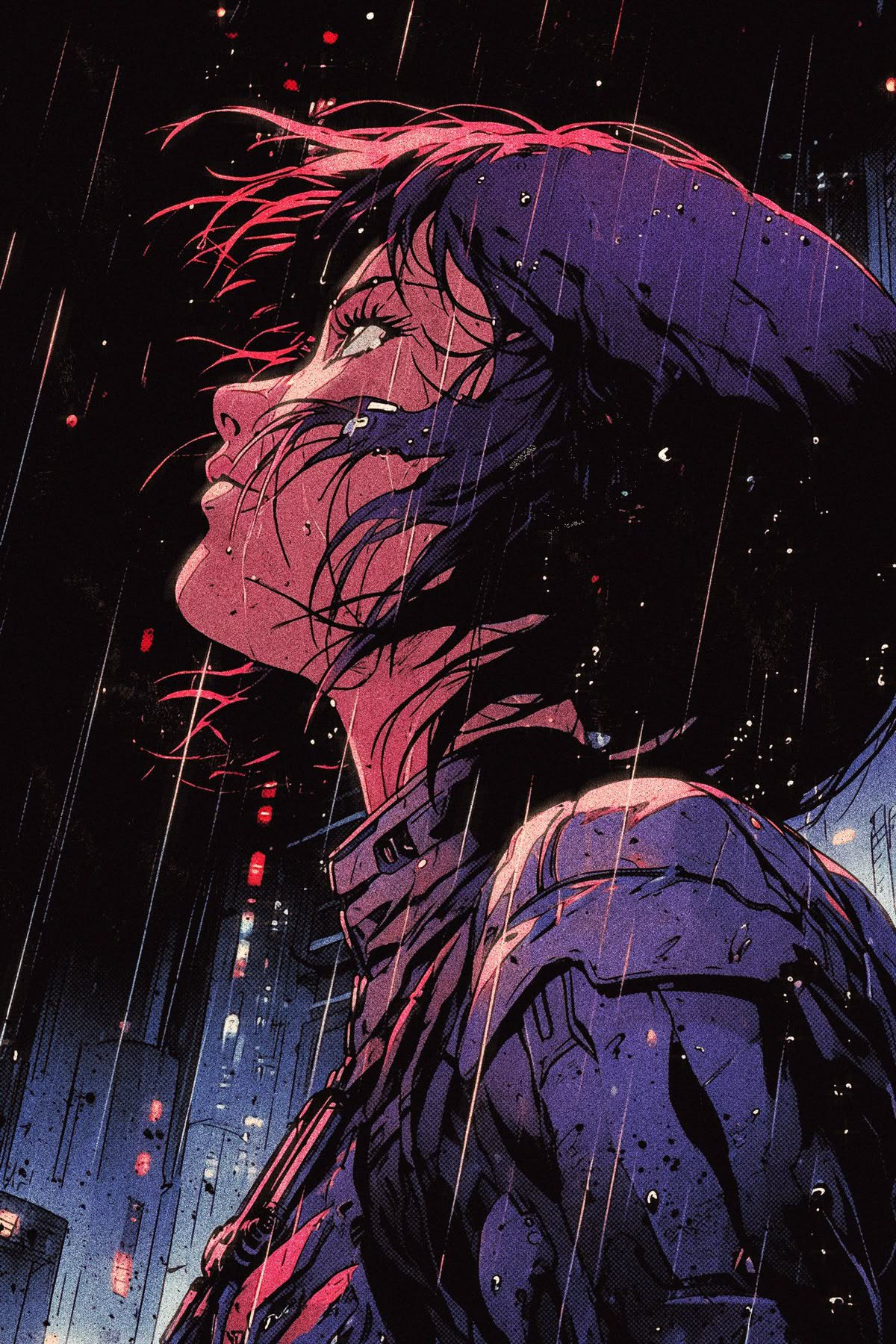Ilustração cyberpunk de personagem olhando para a chuva na cidade
